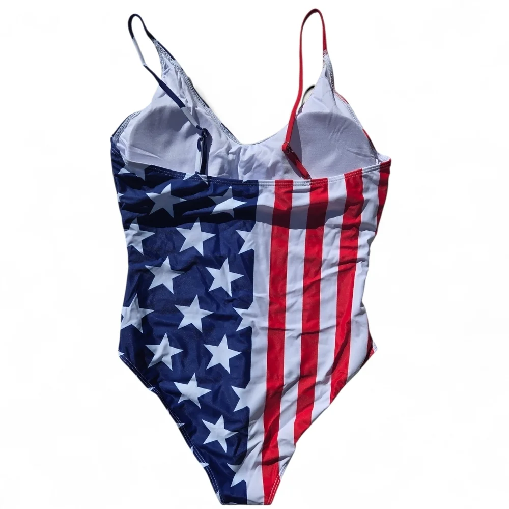 Patriotic Stars & Stripes One-Piece Swimsuit - Red White Blue With Built In Bra